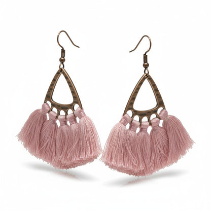 Boho oorhangers met licht roze kwastjes en bronskleur, 55x30mm, lichtgewicht festival oorbellen voor dames