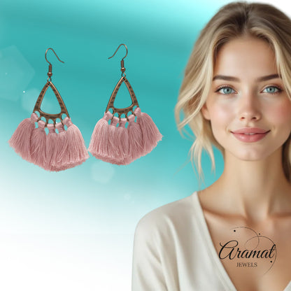 Boho Oorhangers Kwastjes Roze 55x30mm