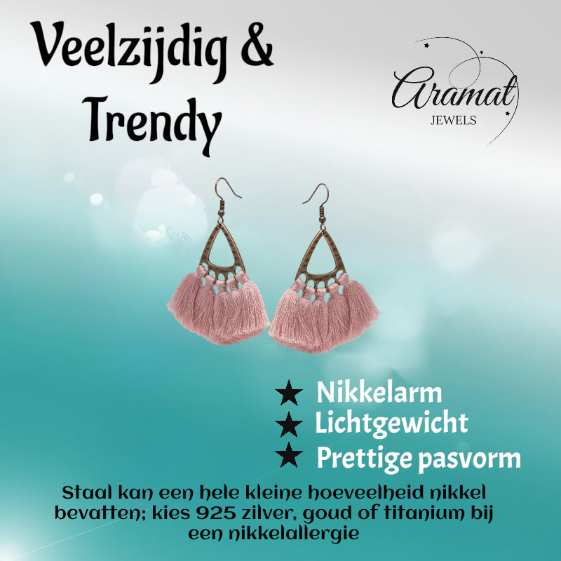 Boho Oorhangers Kwastjes Roze 55x30mm