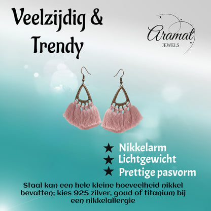 Boho Oorhangers Kwastjes Roze 55x30mm