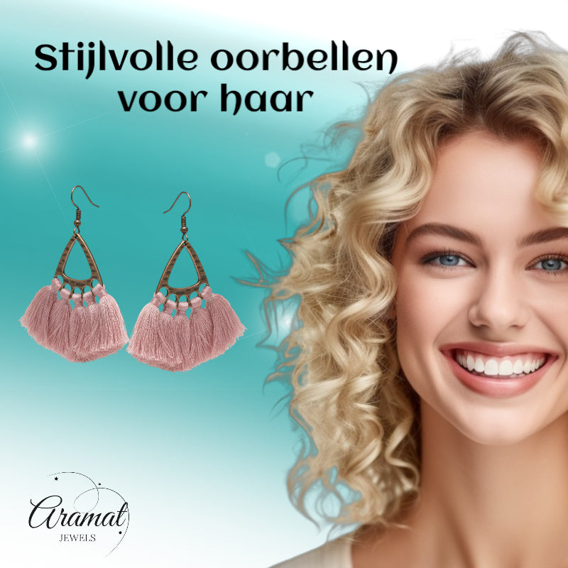 Festival oorhangers licht roze met kwastjes, boho stijl, 55x30mm, romantische oorbellen met oorhaak