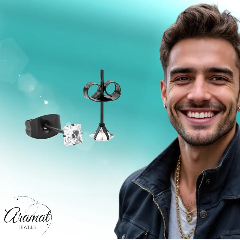 Oorbellen – RVS Zwartkleur met Vierkante Zirkonia (3mm)