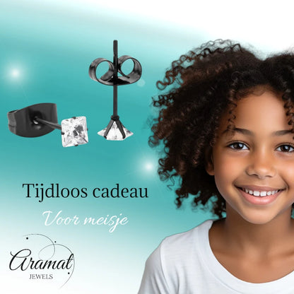 Oorbellen – RVS Zwartkleur met Vierkante Zirkonia (3mm)