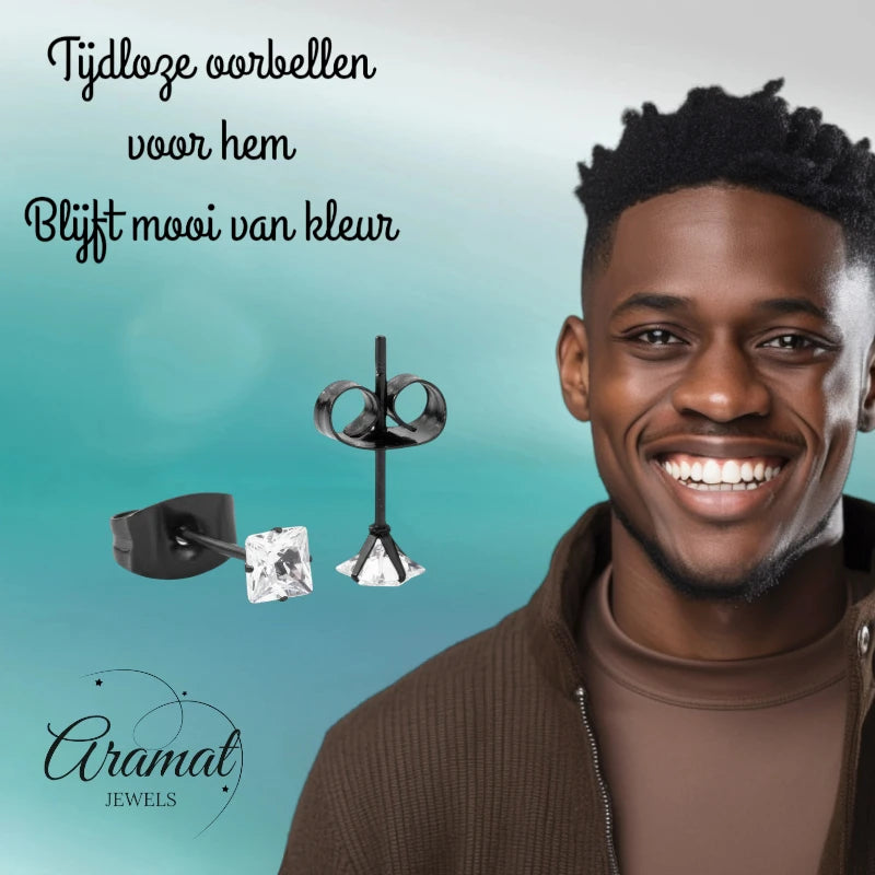 Oorbellen – RVS Zwartkleur met Vierkante Zirkonia (3mm)
