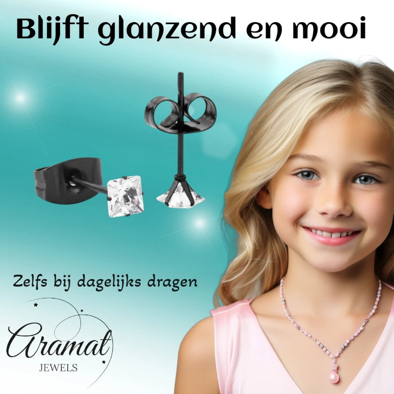 Oorbellen – RVS Zwartkleur met Vierkante Zirkonia (3mm)