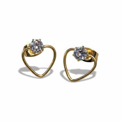 Stalen hart oorbellen goudkleur 10mm open hartje met transparante zirkonia, voor de meeste mensen hypoallergeen oorstekers voor dames
