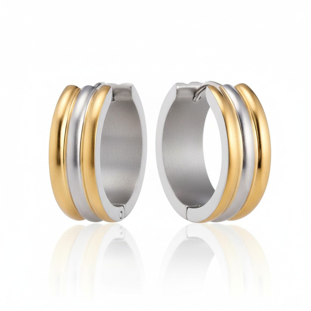 Boucles d'oreilles créoles pliables – Acier inoxydable bicolore à rayures dorées et argentées (13 mm)