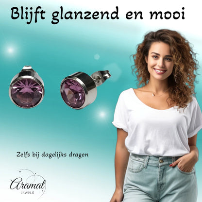 Oorstekers – Staal Kristal Licht Paars Zilverkleur (10mm)