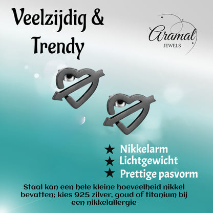 Boucles d'oreilles en acier inoxydable noir en forme de cœur et de flèche, 9 x 8 mm