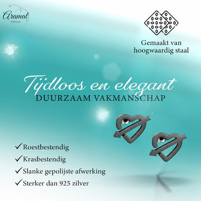 Boucles d'oreilles en acier inoxydable noir en forme de cœur et de flèche, 9 x 8 mm