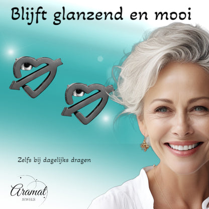 Boucles d'oreilles en acier inoxydable noir en forme de cœur et de flèche, 9 x 8 mm
