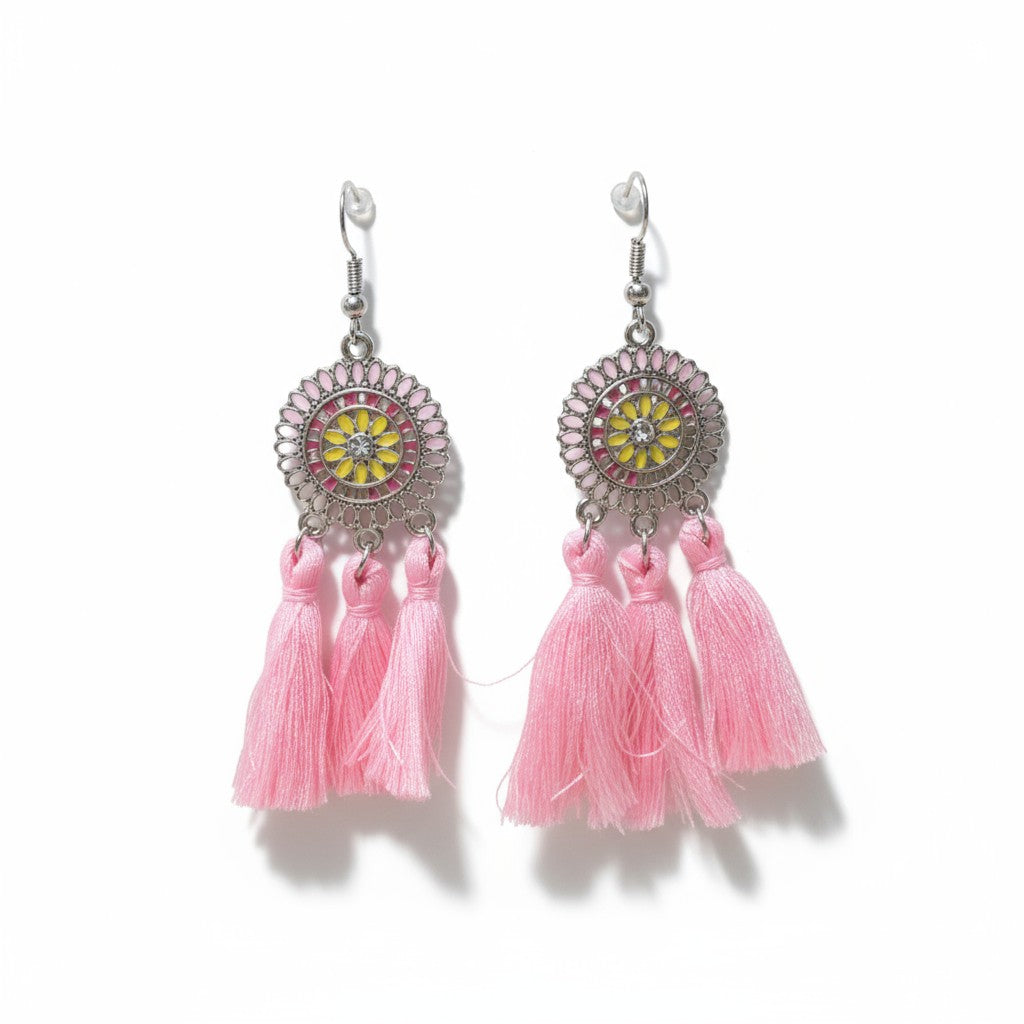 Zomerse Boho Oorhangers Kwastjes Roze 75mm