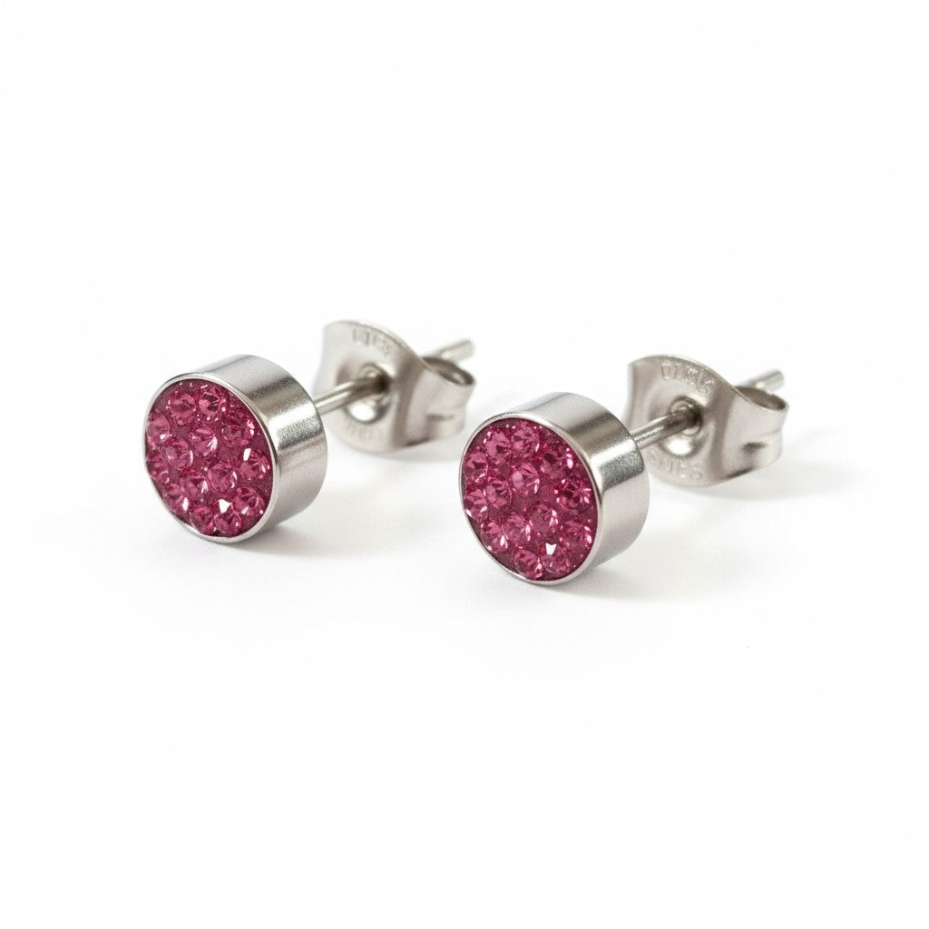 Boucles d'oreilles puces en argent avec cristaux rose fuchsia – 6 mm 