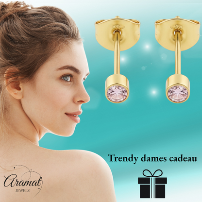 Mini zweerknopjes roze zirkonia - goudkleur