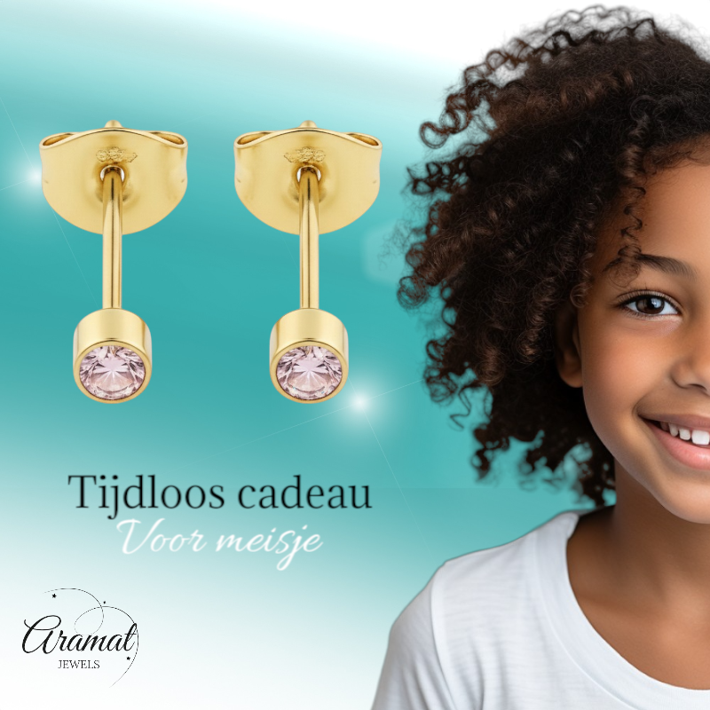 Mini zweerknopjes roze zirkonia - goudkleur