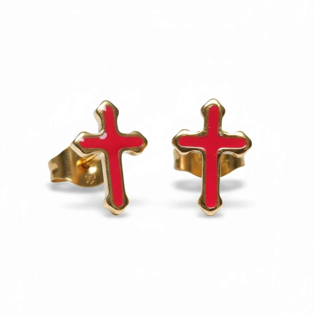 Boucles d'oreilles croix couleur or avec finition émaillée