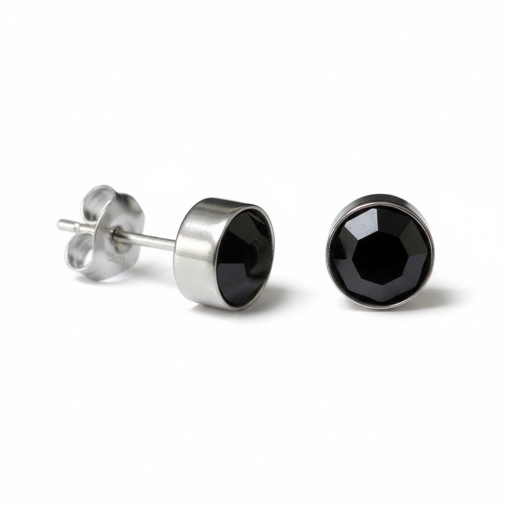 Boucles d'oreilles puces – Acier cristal noir argent (8 mm) 