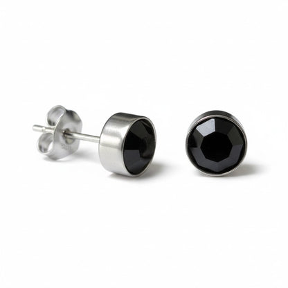 Boucles d'oreilles puces – Acier cristal noir argent (8 mm) 