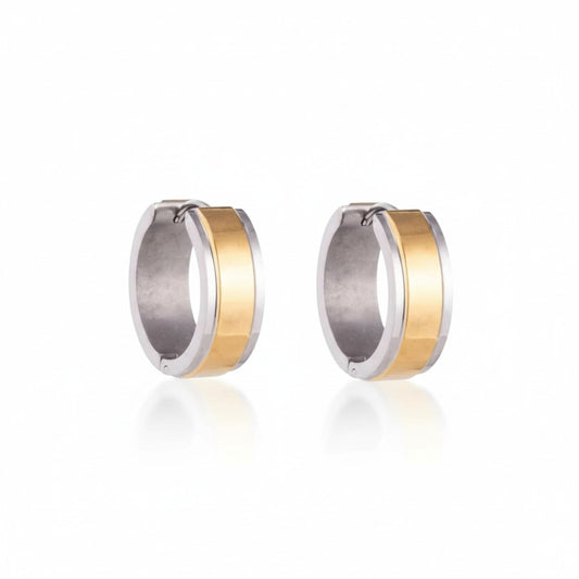 Boucles d'oreilles créoles bicolores en acier inoxydable, rayures larges 20 mm - Or et argent unisexe