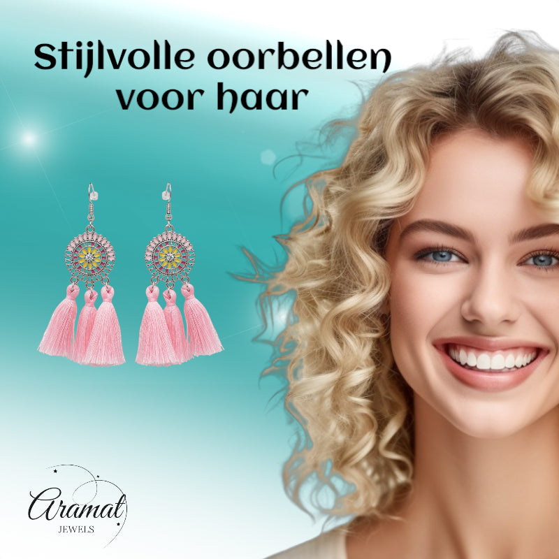 Zomerse Boho Oorhangers Kwastjes Roze 75mm