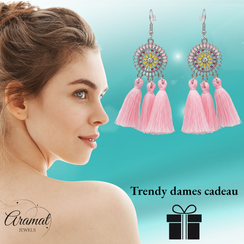 Zomerse Boho Oorhangers Kwastjes Roze 75mm