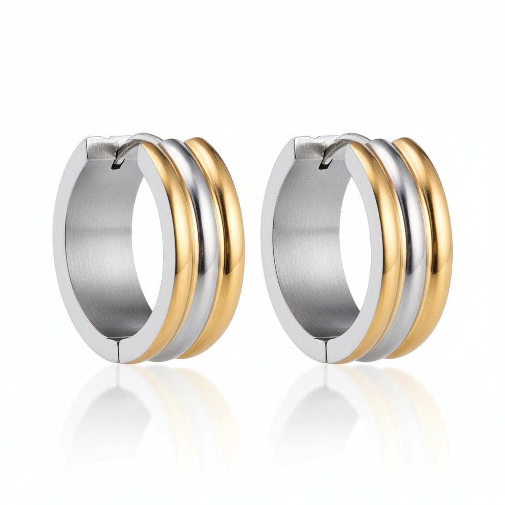 Boucles d'oreilles créoles pliables – Acier inoxydable bicolore à rayures dorées et argentées (13 mm)