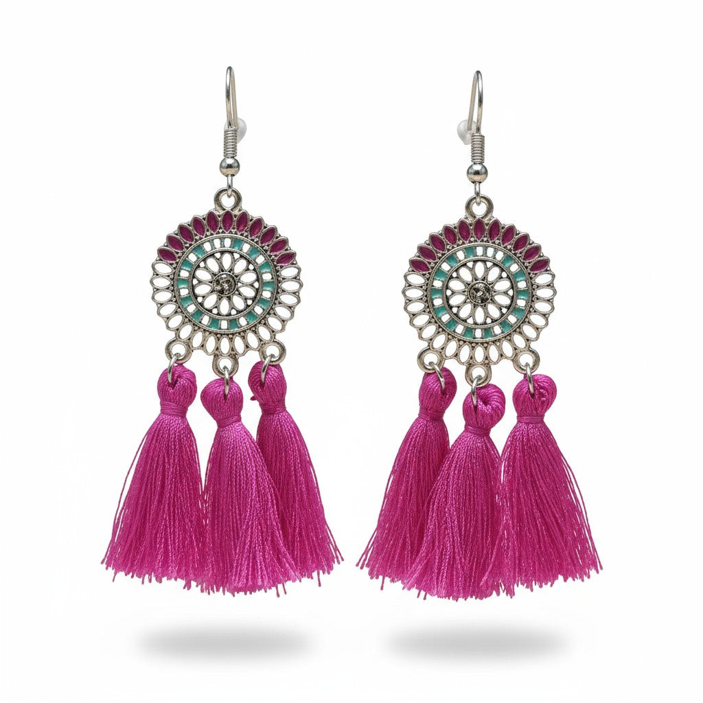 Boucles d'oreilles à pompons style bohème violettes
