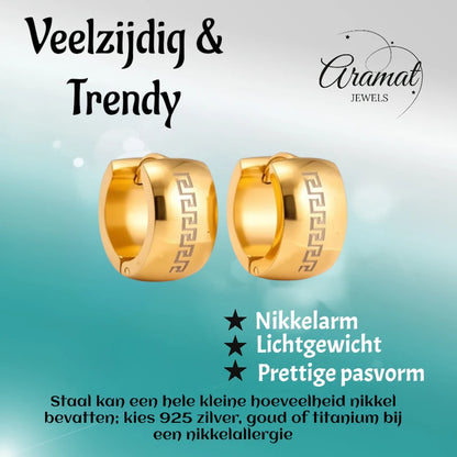 Oorringen – Staal Grieks Motief Goudkleurig (13mm)