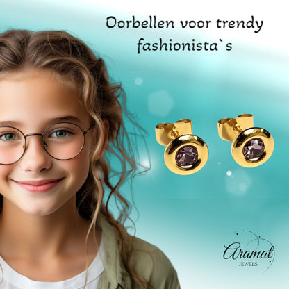 Oorbellen – RVS Goudkleurig met Roze Kristal (8mm)