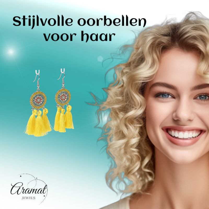 Zomerse Boho Oorhangers Kwastjes Geel 75mm