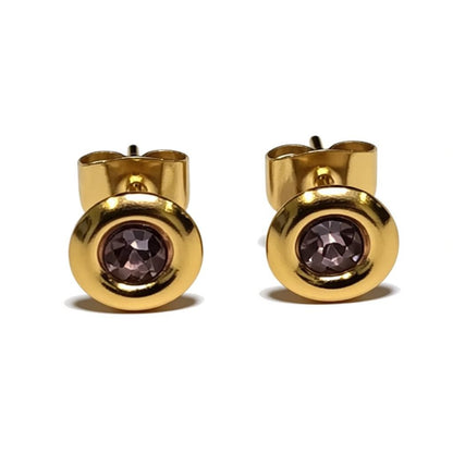 Oorbellen – RVS Goudkleurig met Roze Kristal (8mm)