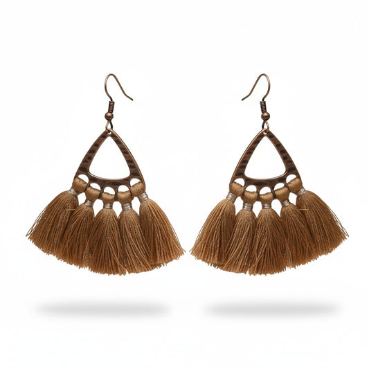 Festival oorhangers bruin met kwastjes, boho stijl, 55x30mm, aardse oorbellen met oorhaak