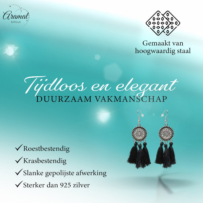 Zomerse Boho Oorhangers Kwastjes Zwart 75mm