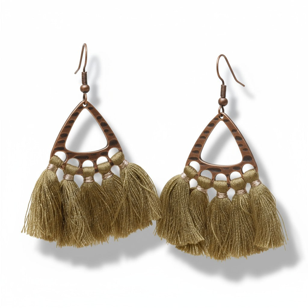 Boho oorhangers met olijf groene kwastjes en bronskleur, 55x30mm, lichtgewicht festival oorbellen voor dames