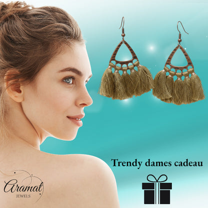 Boucles d'oreilles bohèmes à pompons, vert olive, 55 x 30 mm