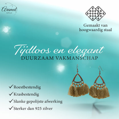 Boucles d'oreilles bohèmes à pompons, vert olive, 55 x 30 mm