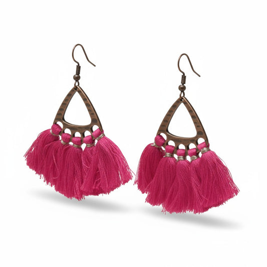 Boho oorhangers met fel roze kwastjes en bronskleur, 55x30mm, lichtgewicht festival oorbellen voor dames