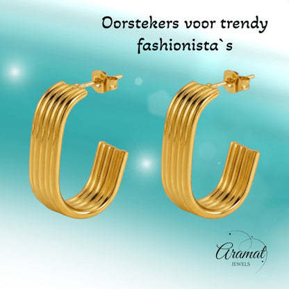 Rechthoekige Oorstekers Streepjesmotief Goudkleurig Staal - Aramat Jewels - RVS Sieraden - Oorbellen - cadeautip