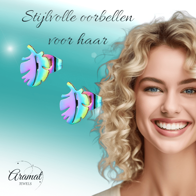 Regenboog blad oorbellen 9 mm - oor154 - Oorbellen kopen# - 9mm - alles - blad