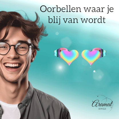 Regenboog hartjes oorstekers – 9x8mm vrolijk RVS - Aramat Jewels - Oorbellen - cadeautip