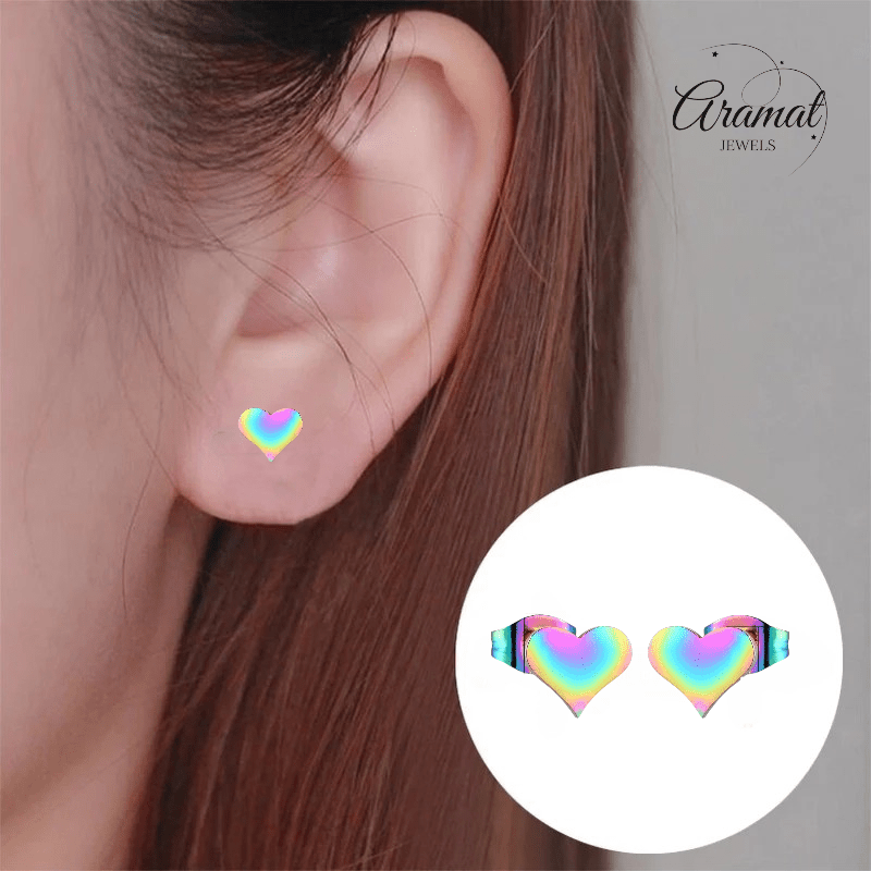 Regenboog hartjes oorstekers – 9x8mm vrolijk RVS - Aramat Jewels - Oorbellen - cadeautip
