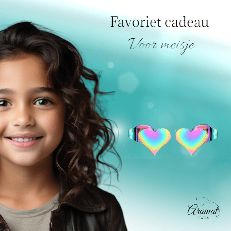 Regenboog hartjes oorstekers – 9x8mm vrolijk RVS - Aramat Jewels - Oorbellen - cadeautip