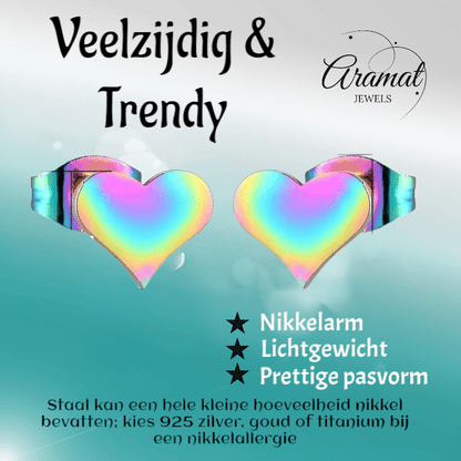 Regenboog hartjes oorstekers – 9x8mm vrolijk RVS - Aramat Jewels - Oorbellen - cadeautip