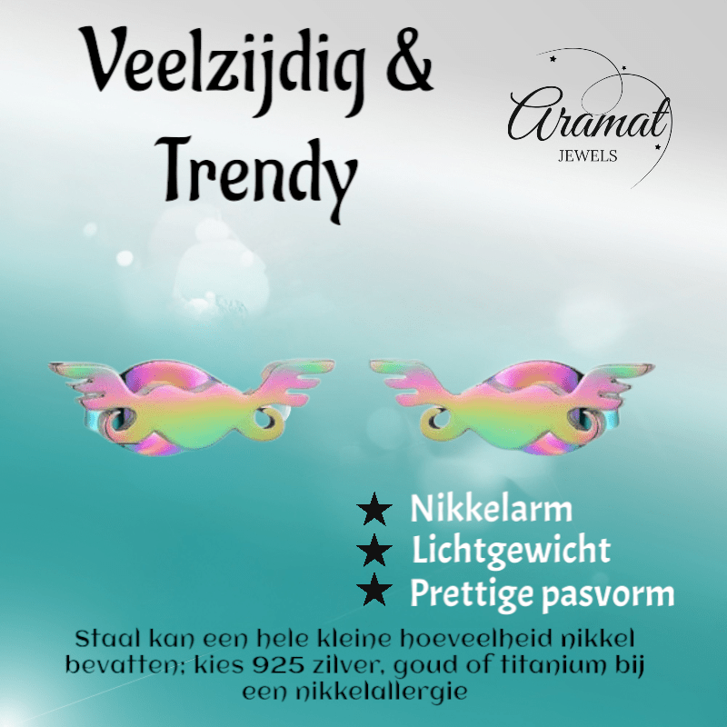 Regenboog hartjes oorstekers met vleugels – 11mm - Aramat Jewels - Oorbellen - cadeautip