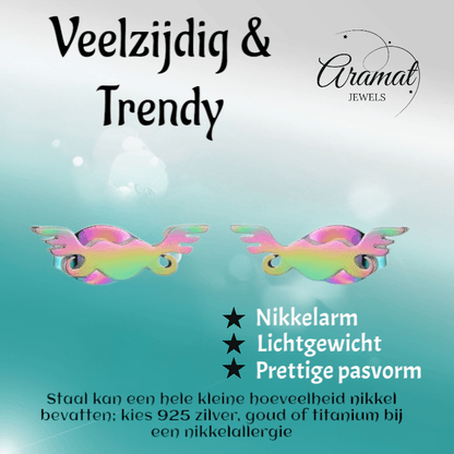 Regenboog hartjes oorstekers met vleugels – 11mm - Aramat Jewels - Oorbellen - cadeautip