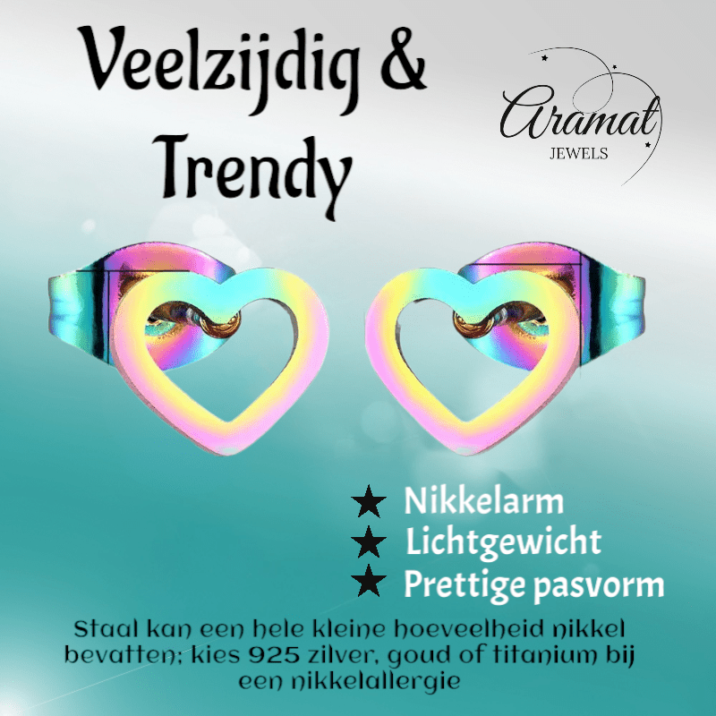 Regenboog hartjes oorstekers RVS – 8x7mm uniek - Aramat Jewels - Oorbellen - cadeautip