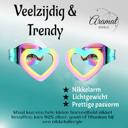 Regenboog hartjes oorstekers RVS – 8x7mm uniek - Aramat Jewels - Oorbellen - cadeautip