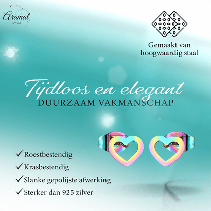 Regenboog hartjes oorstekers RVS – 8x7mm uniek - Aramat Jewels - Oorbellen - cadeautip