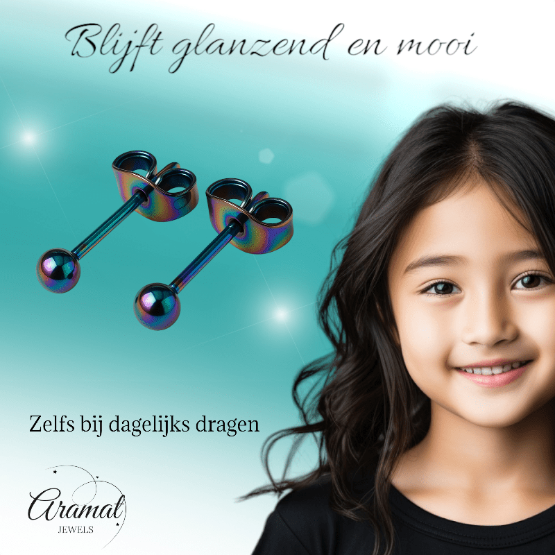 Regenboogkleurige bolletjes oorstuds 3 mm - oor4132 - Oorbellen kopen# - 3mm - alles - bolletjes