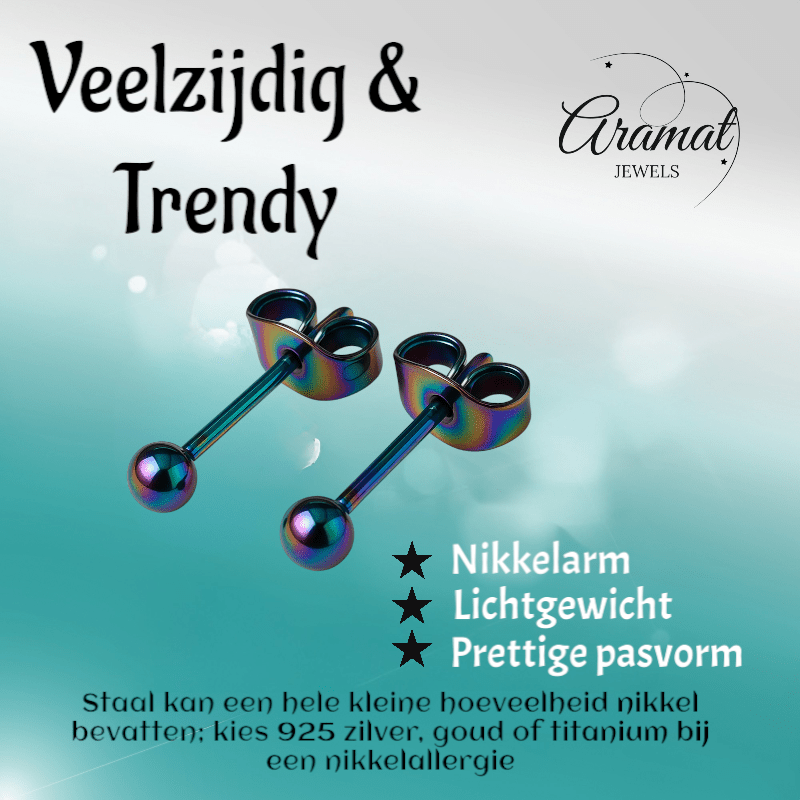 Regenboogkleurige bolletjes oorstuds 3 mm - oor4132 - Oorbellen kopen# - 3mm - alles - bolletjes